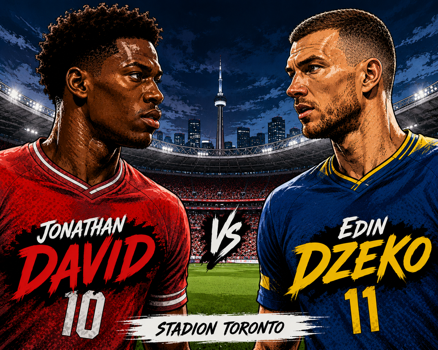 Penyerang Kanada, Jonathan David akan beradu ketajaman dengan Edin Dzeko ketika Kanada bertemu dengan Bosnia dan Herzegovina dalam laga penyisihan Grup B Piala Dunia 2026 yang berlangsung di Stadion Toronto, Sabtu (13/6/2026) foto: dibuat dengan AI